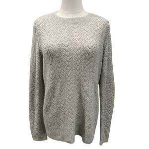 Talbots Metallic Sequin Knit Sweater Beige Chevron Textured Women Medium Holiday